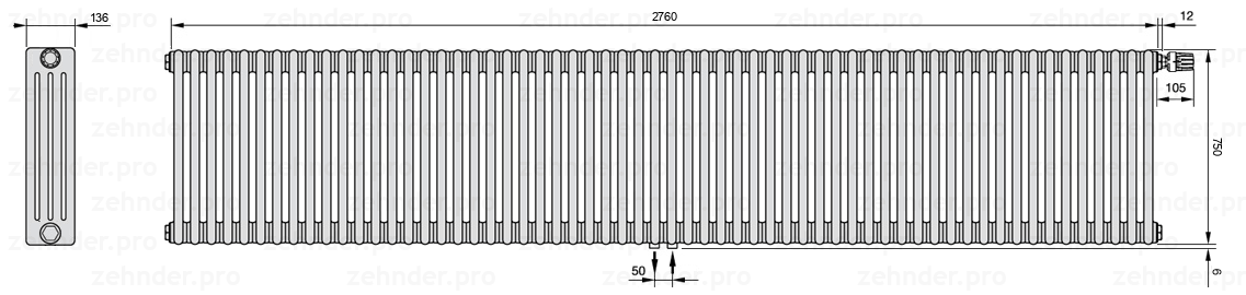 Схема (чертеж) Радиатор Zehnder Charleston 4075/60 №V008 Белый глянцевый RAL 9016
